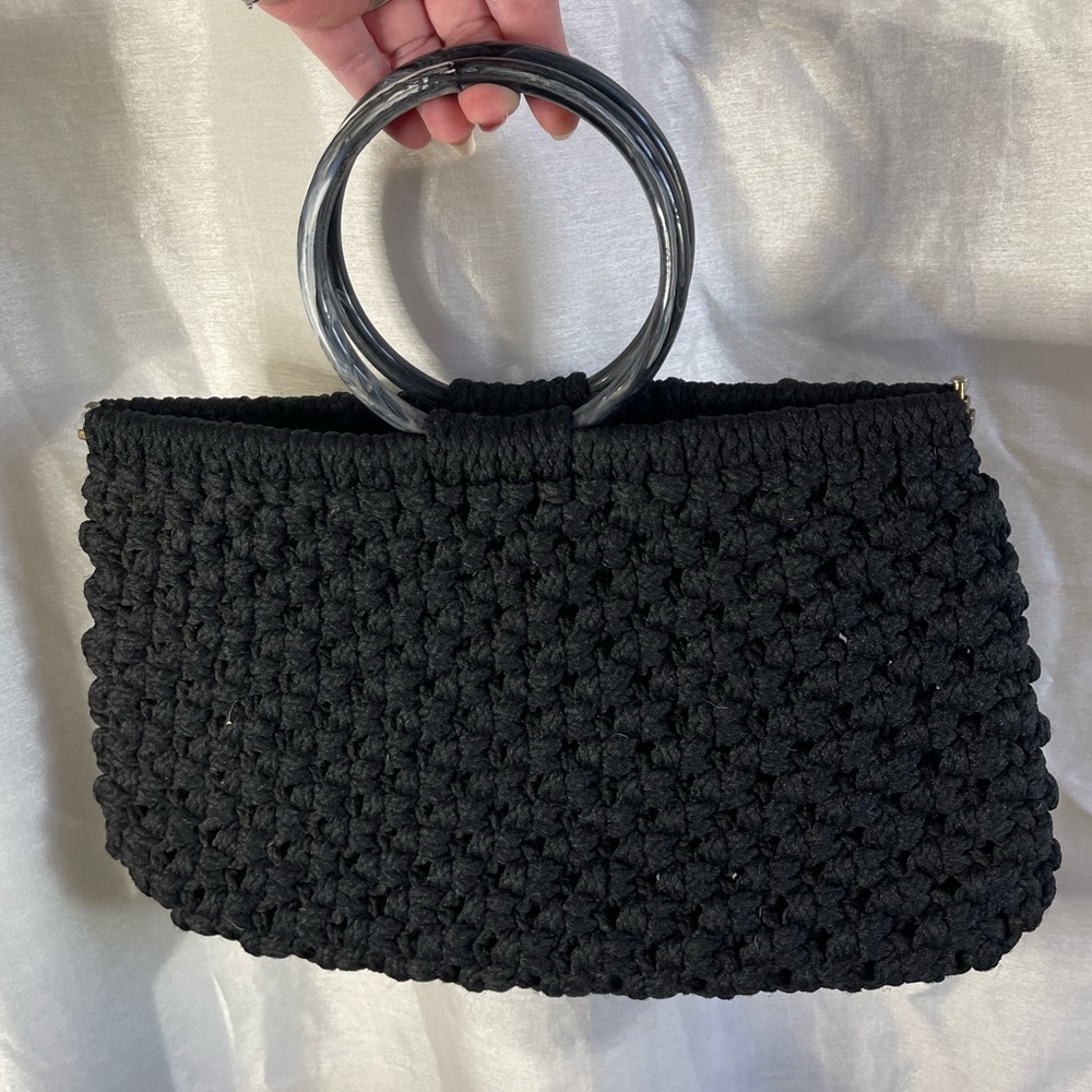 Vintage Retro Black Macrame Clutch Tote Mini Bag Purse